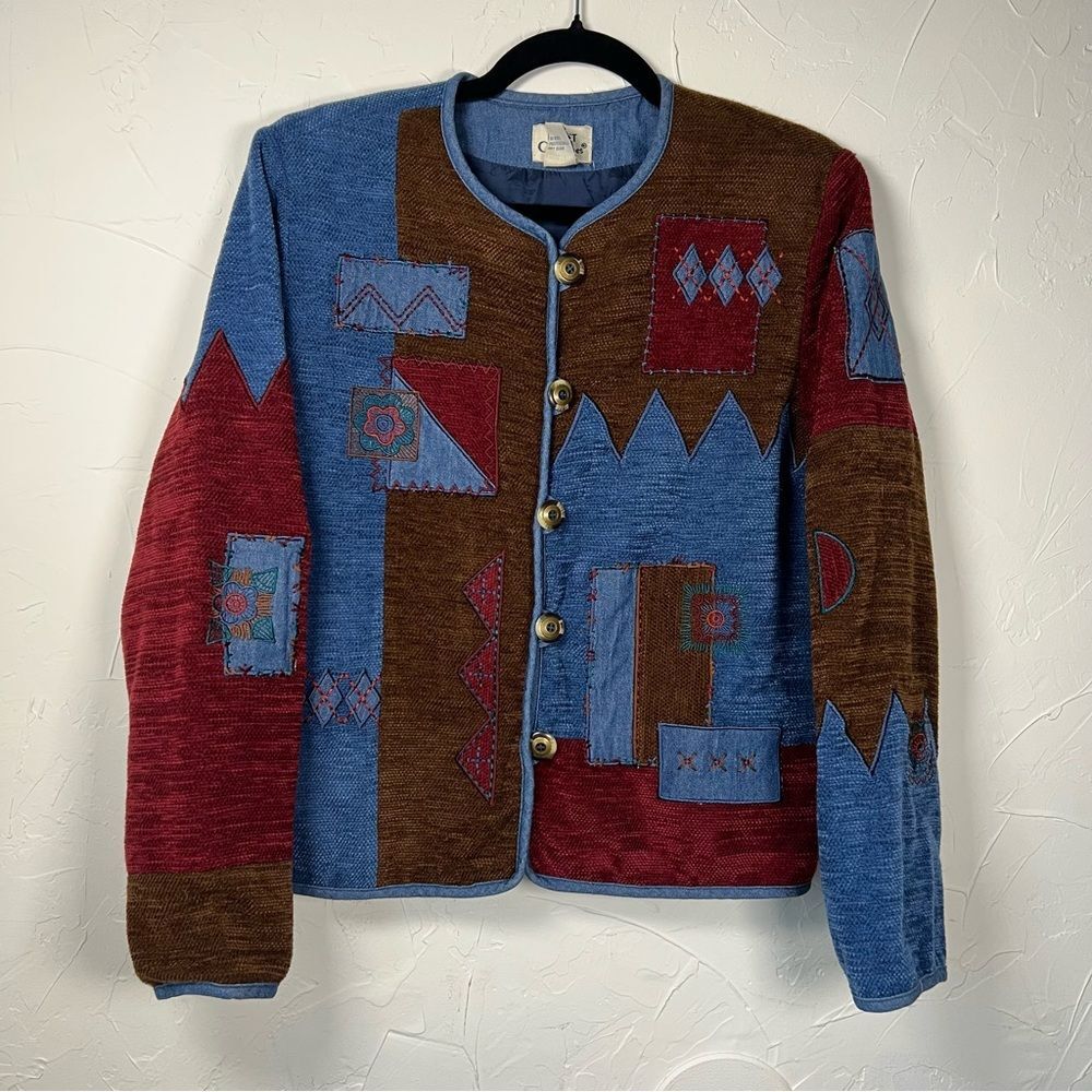 Vintage Koret City Blues Patchwork Chenille Jacket Geometric Boho Artsy Size M - Picture 3 of 8